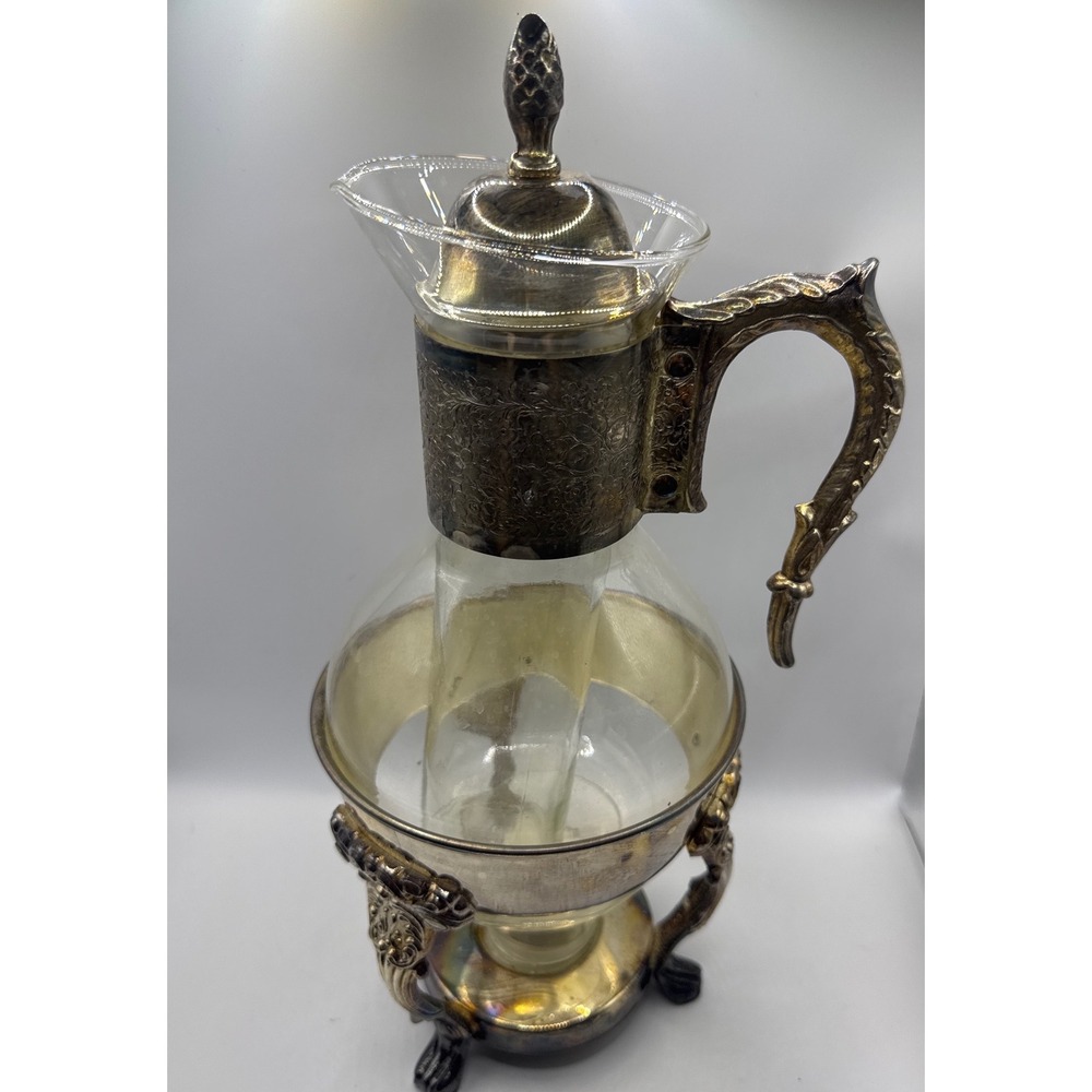 Vintage Silver Plate and Glass Decanter Warming‎ Stand Ornate Beverage Server